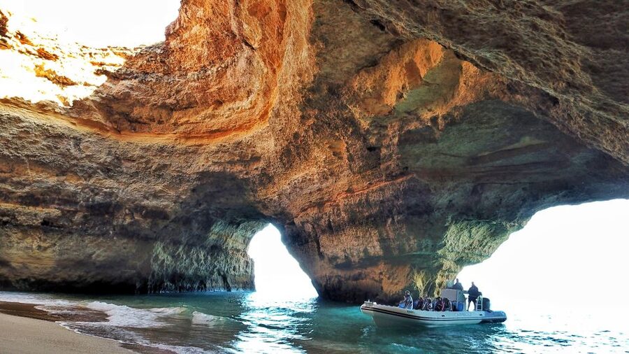 Albufeira: Benagil Cave and Dolphin Sightseeing Boat Cruise - Marinha Beach and the approach to Benagil Cave