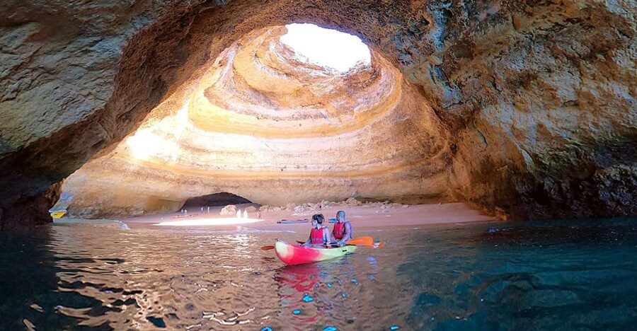 Benagil: Kayaking Adventure in Benagil Caves & Marinha Beach - Entering Benagil Cave by kayak