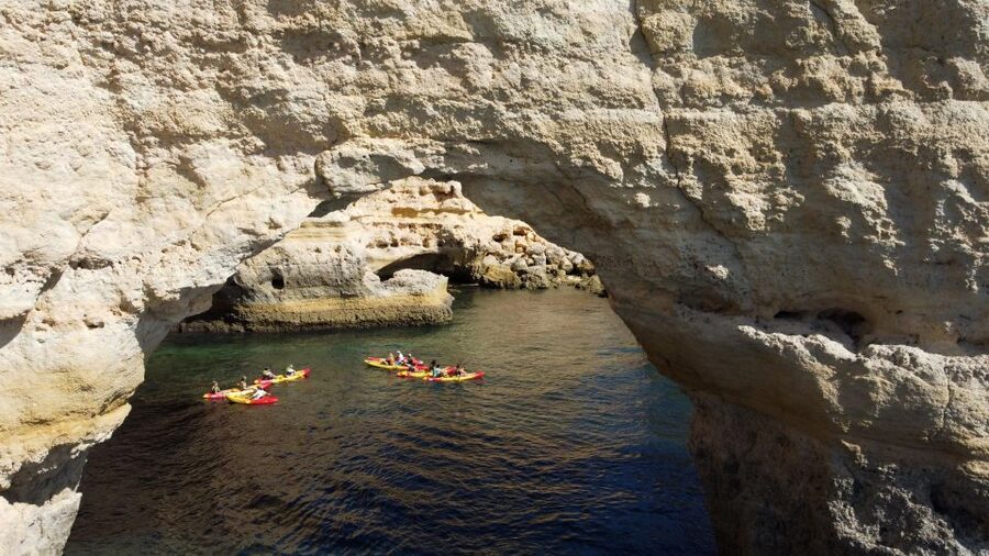 Benagil: Kayaking Adventure in Benagil Caves & Marinha Beach - Along the coast toward Marinha Beach